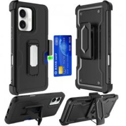 iPhone 16 6.1 inch CARD Holster with Kickstand Clip Hybrid Case Cover - Black