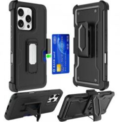 iPhone 16 Pro 6.3 inch CARD Holster with Kickstand Clip Hybrid Case Cover - Black