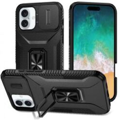 iPhone 16 Plus 6.7 inch Complete Magnetic Metal Ring Stand Camera Protection Hybrid - Black