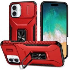 iPhone 16 Plus 6.7 inch Complete Magnetic Metal Ring Stand Camera Protection Hybrid - Red