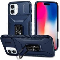 iPhone 16 6.1 inch Complete Magnetic Metal Ring Stand Camera Protection Hybrid - Blue