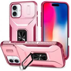 iPhone 16 6.1 inch Complete Magnetic Metal Ring Stand Camera Protection Hybrid - Pink+Burgundy