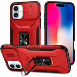 iPhone 16 6.1 inch Complete Magnetic Metal Ring Stand Camera Protection Hybrid - Red