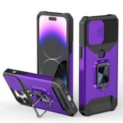 iPhone 15 Pro Multi-Functional Card Magnetic Ring Stand Hybrid Camera Case Cover - Dark Purple