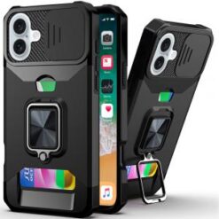 iPhone 16 Plus 6.7 inch Multi-Functional Card Magnetic Ring Stand Hybrid Camera Case Cover - Bla