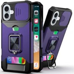 iPhone 16 Plus 6.7 inch Multi-Functional Card Magnetic Ring Stand Hybrid Camera Case Cover - Dar
