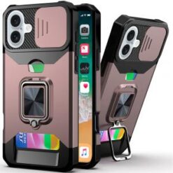iPhone 16 Plus 6.7 inch Multi-Functional Card Magnetic Ring Stand Hybrid Camera Case Cover - Ros