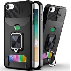iPhone 16E / SE4 Multi-Functional Card Magnetic Ring Stand Hybrid Camera Case Cover - Black