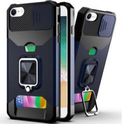 iPhone 16E / SE4 Multi-Functional Card Magnetic Ring Stand Hybrid Camera Case Cover - Blue