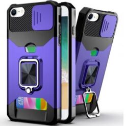 iPhone 16E / SE4 Multi-Functional Card Magnetic Ring Stand Hybrid Camera Case Cover - Dark Purpl