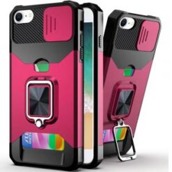 iPhone 16E / SE4 Multi-Functional Card Magnetic Ring Stand Hybrid Camera Case Cover - Hot Pink