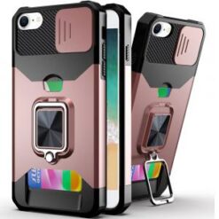 iPhone 16E / SE4 Multi-Functional Card Magnetic Ring Stand Hybrid Camera Case Cover - Rose Gold