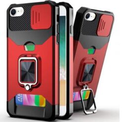 iPhone 16E / SE4 Multi-Functional Card Magnetic Ring Stand Hybrid Camera Case Cover - Red
