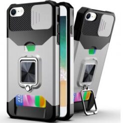 iPhone 16E / SE4 Multi-Functional Card Magnetic Ring Stand Hybrid Camera Case Cover - Silver