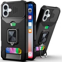 iPhone 16 6.1 inch Multi-Functional Card Magnetic Ring Stand Hybrid Camera Case Cover - Black