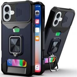 iPhone 16 6.1 inch Multi-Functional Card Magnetic Ring Stand Hybrid Camera Case Cover - Blue
