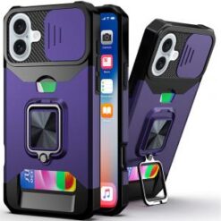 iPhone 16 6.1 inch Multi-Functional Card Magnetic Ring Stand Hybrid Camera Case Cover - Dark Pur