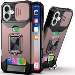 iPhone 16 6.1 inch Multi-Functional Card Magnetic Ring Stand Hybrid Camera Case Cover - Rose Gol