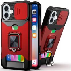 iPhone 16 6.1 inch Multi-Functional Card Magnetic Ring Stand Hybrid Camera Case Cover - Red