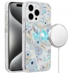 iP15 Pro Max Magnetic Double Layer IMD Design Case - Blue Floral