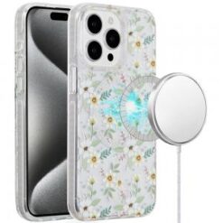 iP15 Pro Max Magnetic Double Layer IMD Design Case - Green Floral