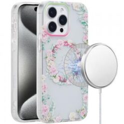 iP15 Pro Max [Magnetic Circle] Double Layer Design IMD TPU Case - Green/Pink Floral