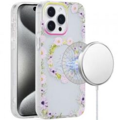 iP15 Pro Max [Magnetic Circle] Double Layer Design IMD TPU Case - Yellow/Purple Floral
