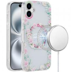 iPhone 16 Plus 6.7 inch [Magnetic Circle] Double Layer Design IMD TPU Case - Green/Pink Floral