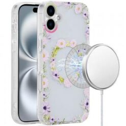 iPhone 16 Plus 6.7 inch [Magnetic Circle] Double Layer Design IMD TPU Case - Yellow/Purple Flora