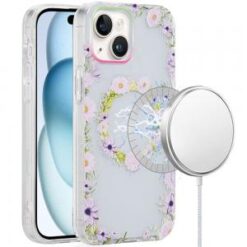 iPhone 15 [Magnetic Circle] Double Layer Design IMD TPU Case - Yellow/Purple Floral