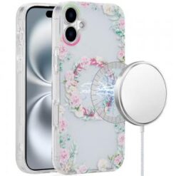 iPhone 16 6.1 inch [Magnetic Circle] Double Layer Design IMD TPU Case - Green/Pink Floral