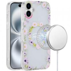 iPhone 16 6.1 inch [Magnetic Circle] Double Layer Design IMD TPU Case - Yellow/Purple Floral