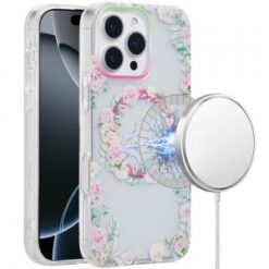 iPhone 16 Pro 6.3 inch [Magnetic Circle] Double Layer Design IMD TPU Case - Green/Pink Floral
