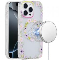 iPhone 16 Pro 6.3 inch [Magnetic Circle] Double Layer Design IMD TPU Case - Yellow/Purple Floral