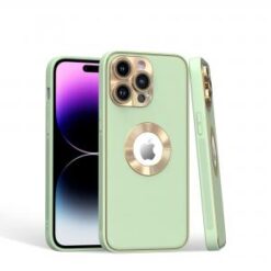 iPhone 15 Pro Disc Chrome Circle With Chromed Tempered Glass Screen Protector PU UV Leather Case