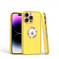 iPhone 15 Pro Disc Chrome Circle With Chromed Tempered Glass Screen Protector PU UV Leather Case