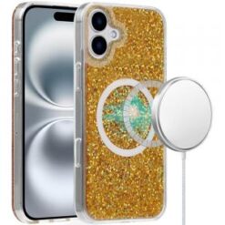 iPhone 16 Plus 6.7 inch Magnetic Glitter Epoxy Transparent Hybrid - Gold Glitter