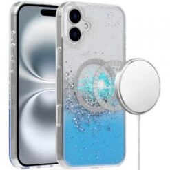 iPhone 16 6.1 inch Magnetic Glitter Epoxy Transparent Hybrid - Blue