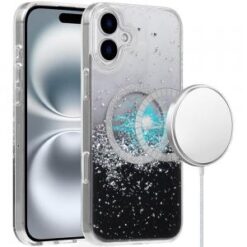 iPhone 16 6.1 inch Magnetic Glitter Epoxy Transparent Hybrid - Silver Black