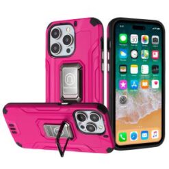iPhone 15 Pro Strong Tough Metallic Design Hybrid Premium Kicstand - Hot Pink