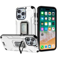 iPhone 15 Pro Strong Tough Metallic Design Hybrid Premium Kicstand - Silver
