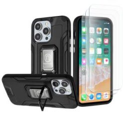 iPhone 15 Pro Strong Tough Metallic Design Hybrid Premium Kicstand + 3X Tempered Glass - Black