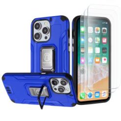 iPhone 15 Pro Strong Tough Metallic Design Hybrid Premium Kicstand + 3X Tempered Glass - Blue