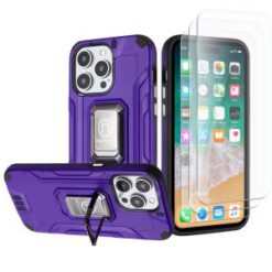 iPhone 15 Pro Strong Tough Metallic Design Hybrid Premium Kicstand + 3X Tempered Glass - Dark Pu