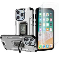 iPhone 15 Pro Strong Tough Metallic Design Hybrid Premium Kicstand + 3X Tempered Glass - Grey