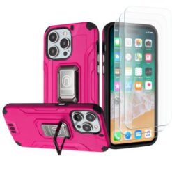 iPhone 15 Pro Strong Tough Metallic Design Hybrid Premium Kicstand + 3X Tempered Glass - Hot Pin