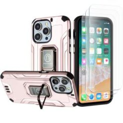 iPhone 15 Pro Strong Tough Metallic Design Hybrid Premium Kicstand + 3X Tempered Glass - Rose Go