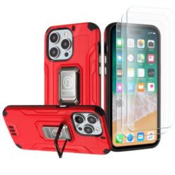 iPhone 15 Pro Strong Tough Metallic Design Hybrid Premium Kicstand + 3X Tempered Glass - Red