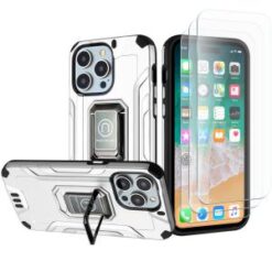 iPhone 15 Pro Strong Tough Metallic Design Hybrid Premium Kicstand + 3X Tempered Glass - Silver