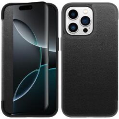iPhone 16 Pro 6.3 inch PU Leather Window Flap Case with Cover - Black